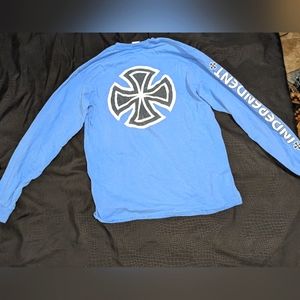 blue, long sleeved shirt